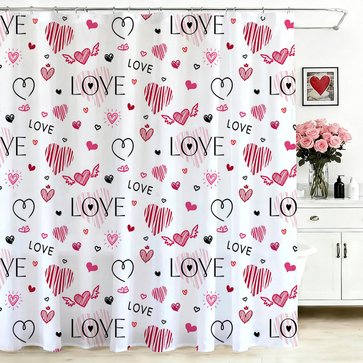 70.8" Valentines Shower Curtain Doodle Style Love Hearts Shower Curtain Valentine Waterproof Polyester Fabric