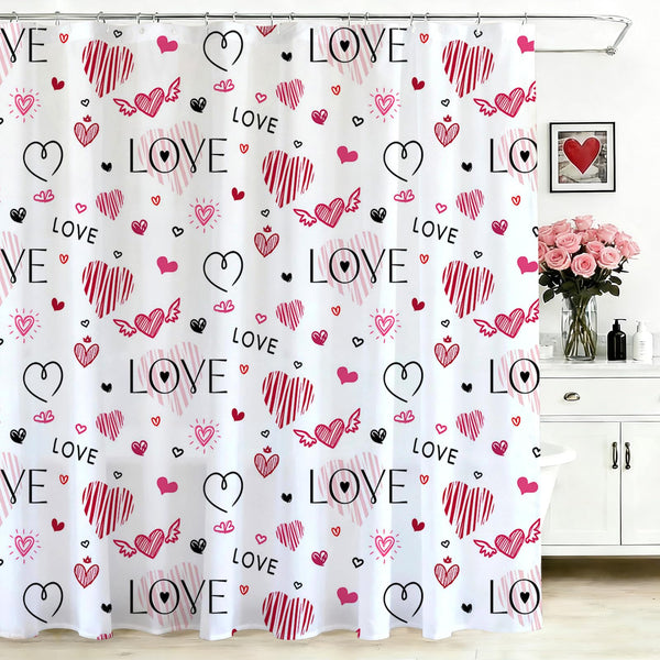 70.8" Valentines Shower Curtain Doodle Style Love Hearts Shower Curtain Valentine Waterproof Polyester Fabric