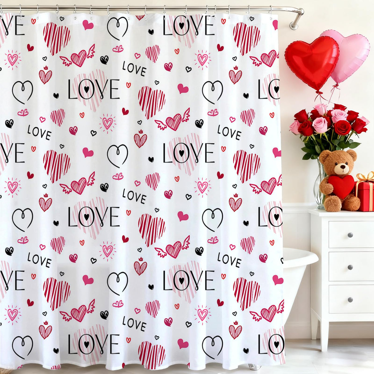 70.8" Valentines Shower Curtain Doodle Style Love Hearts Shower Curtain Valentine Waterproof Polyester Fabric