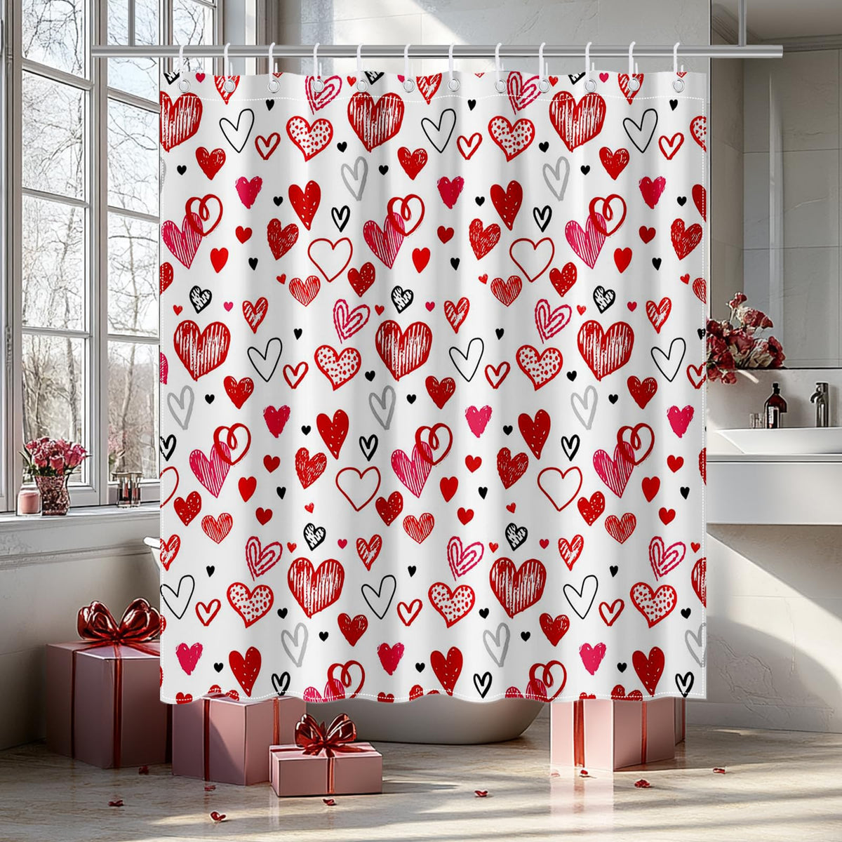 Valentines Shower Curtain Red Heart Bathroom Shower Curtain Valentine's Waterproof Fabric Bathtub Curtain