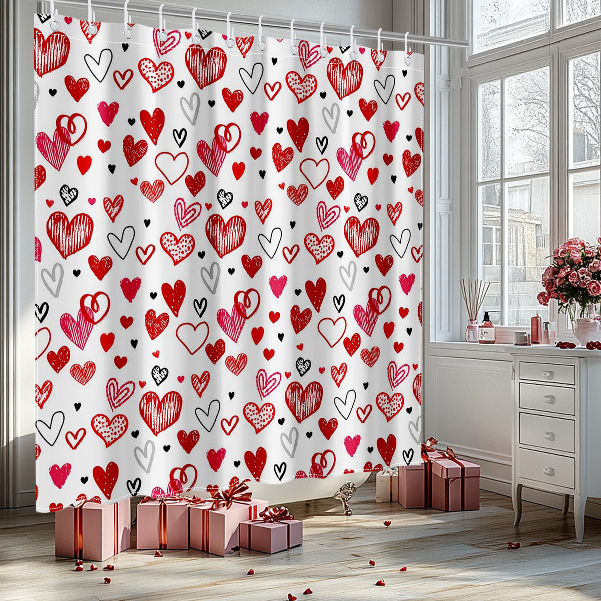Valentines Shower Curtain Red Heart Bathroom Shower Curtain Valentine's Waterproof Fabric Bathtub Curtain