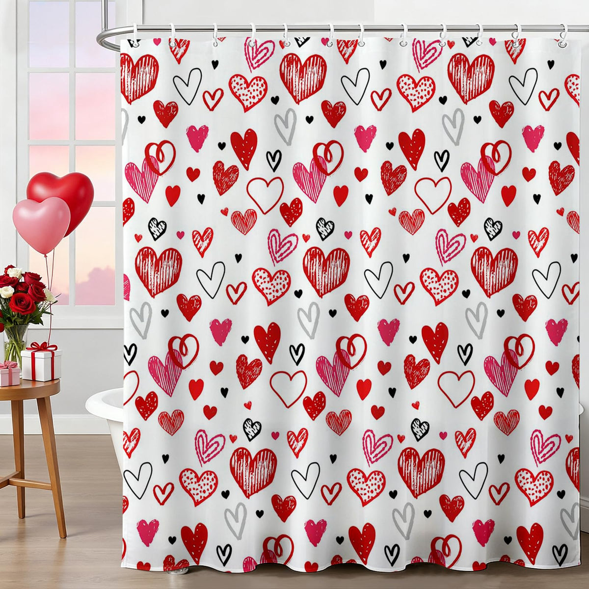 Valentines Shower Curtain Red Heart Bathroom Shower Curtain Valentine's Waterproof Fabric Bathtub Curtain