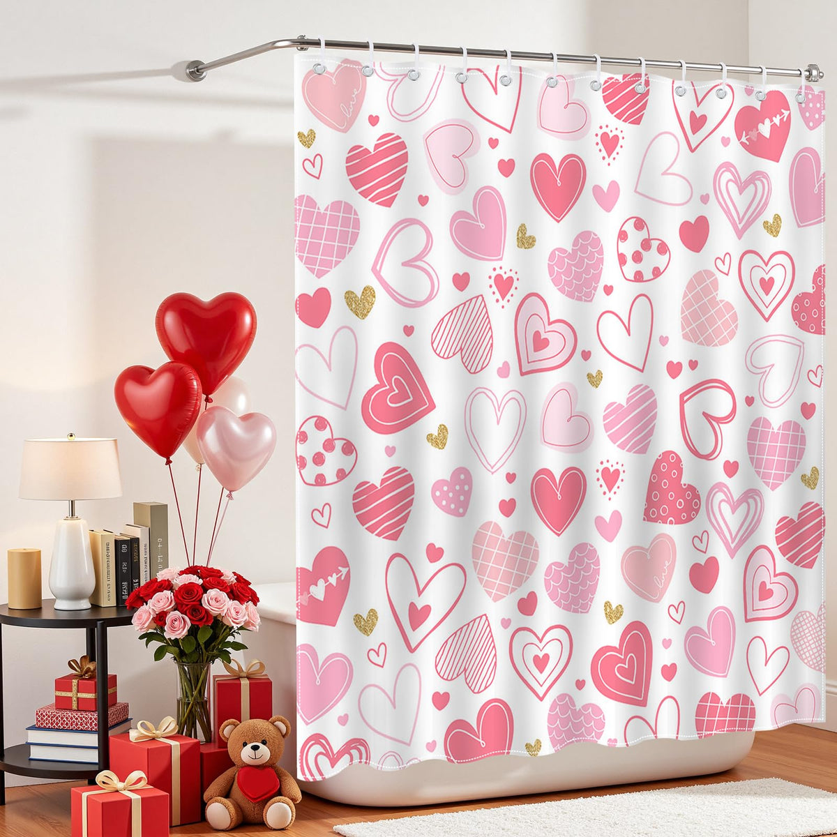 Valentines Shower Curtain Pink Heart Bathroom Shower Curtain Valentine Love Hearts  Waterproof Shower Curtains