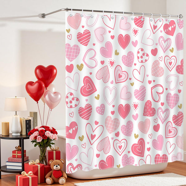 Valentines Shower Curtain Pink Heart Bathroom Shower Curtain Valentine Love Hearts  Waterproof Shower Curtains
