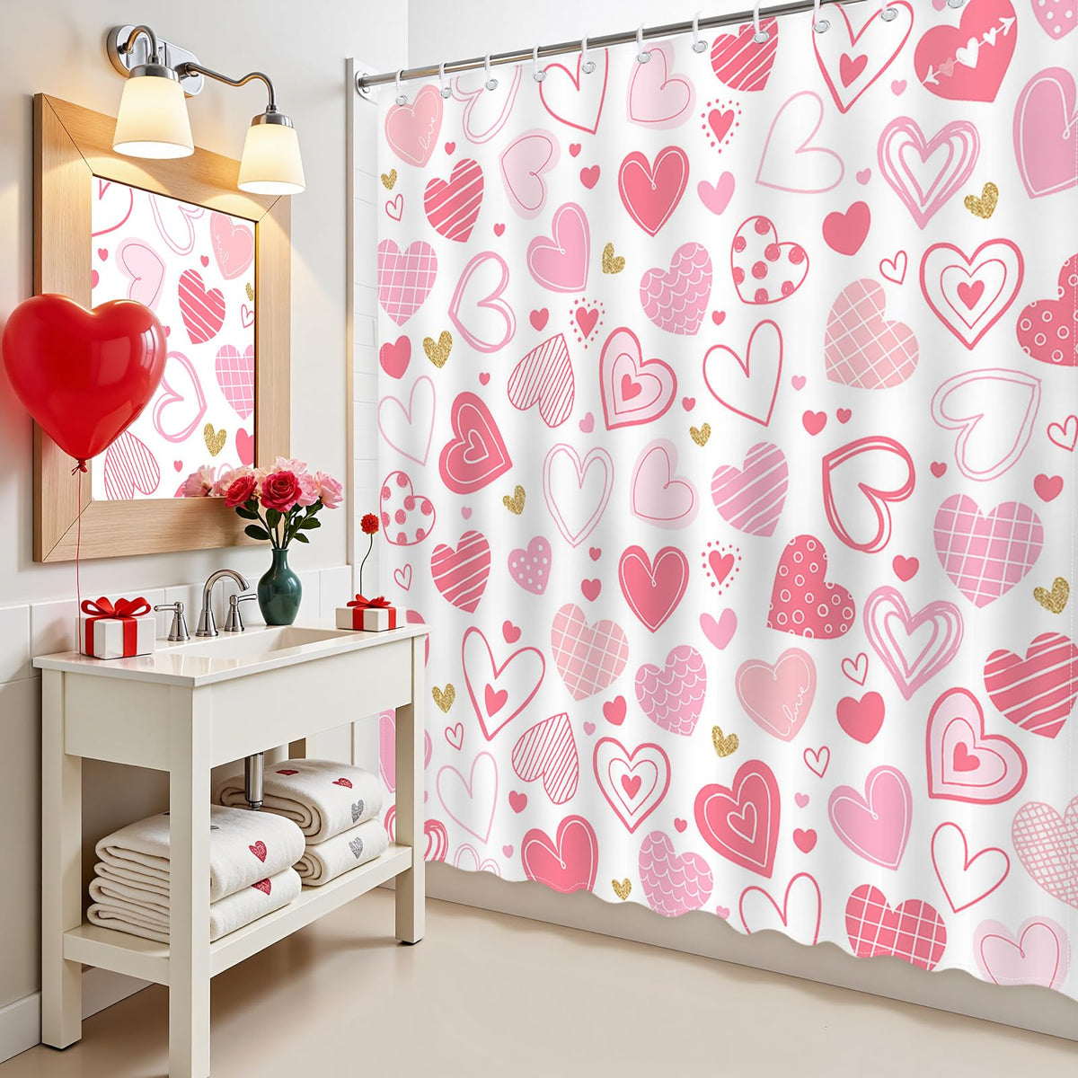Valentines Shower Curtain Pink Heart Bathroom Shower Curtain Valentine Love Hearts  Waterproof Shower Curtains