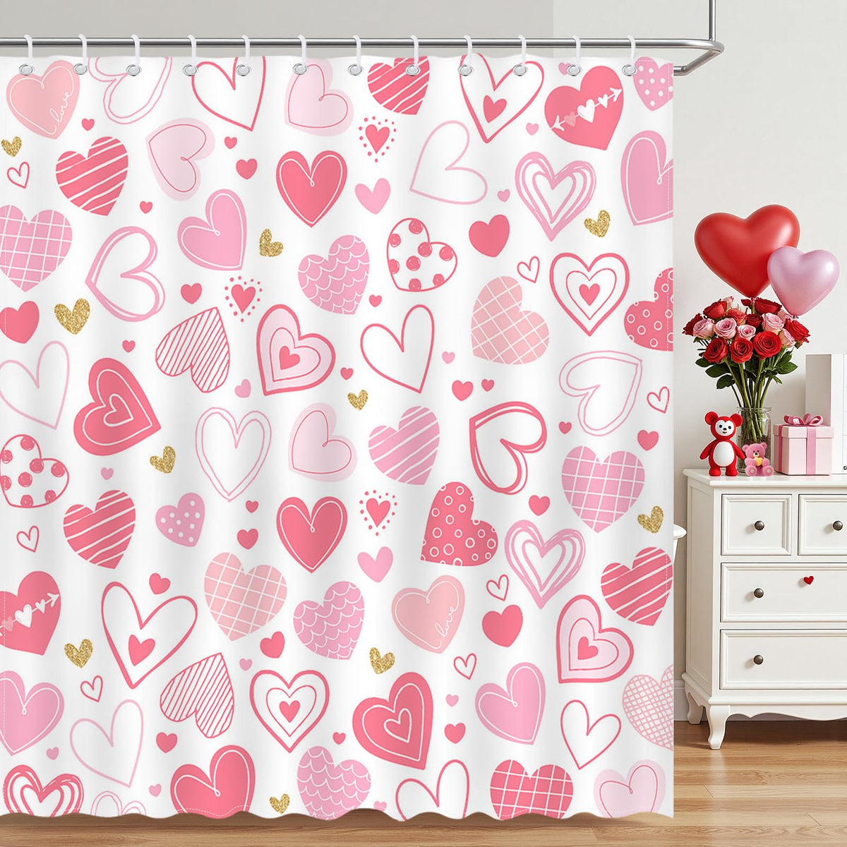 Valentines Shower Curtain Pink Heart Bathroom Shower Curtain Valentine Love Hearts  Waterproof Shower Curtains