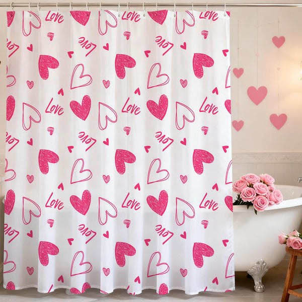 70.8"Valentines Shower Curtain Pink Heart Sweet LoveShower Curtain for Valentines Day Bath Decorations