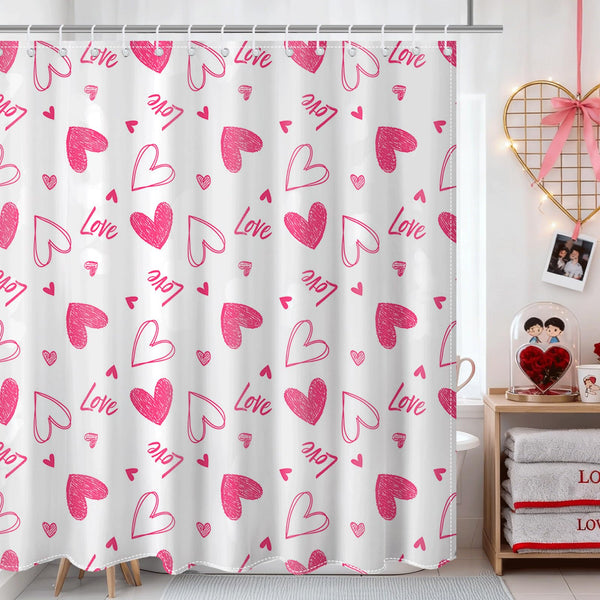 70.8"Valentines Shower Curtain Pink Heart Sweet LoveShower Curtain for Valentines Day Bath Decorations