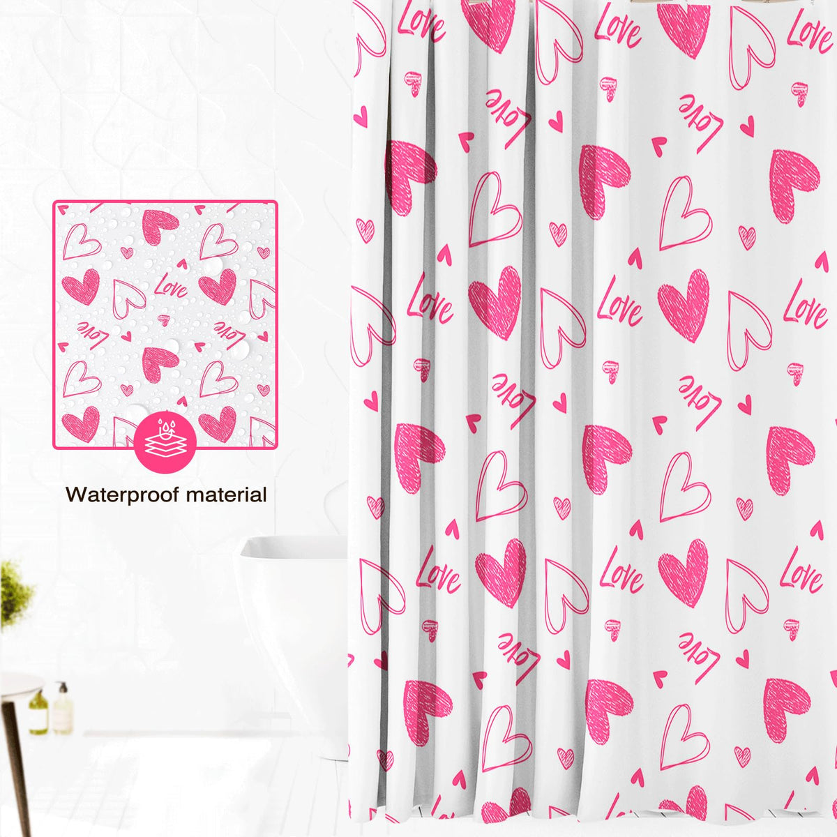 70.8"Valentines Shower Curtain Pink Heart Sweet LoveShower Curtain for Valentines Day Bath Decorations