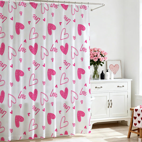 70.8"Valentines Shower Curtain Pink Heart Sweet LoveShower Curtain for Valentines Day Bath Decorations