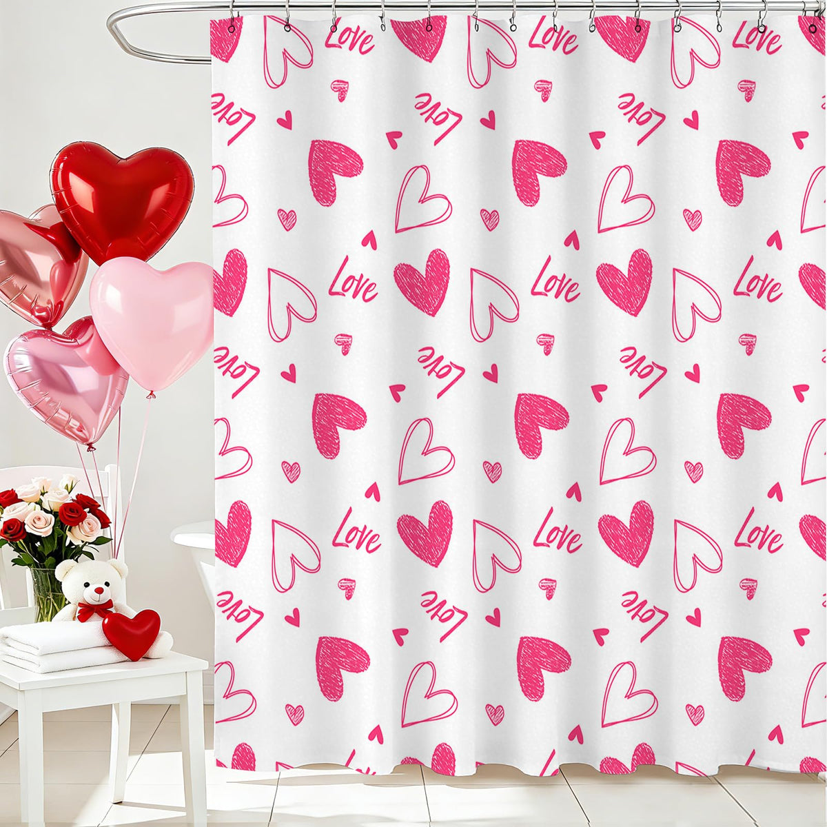 70.8"Valentines Shower Curtain Pink Heart Sweet LoveShower Curtain for Valentines Day Bath Decorations