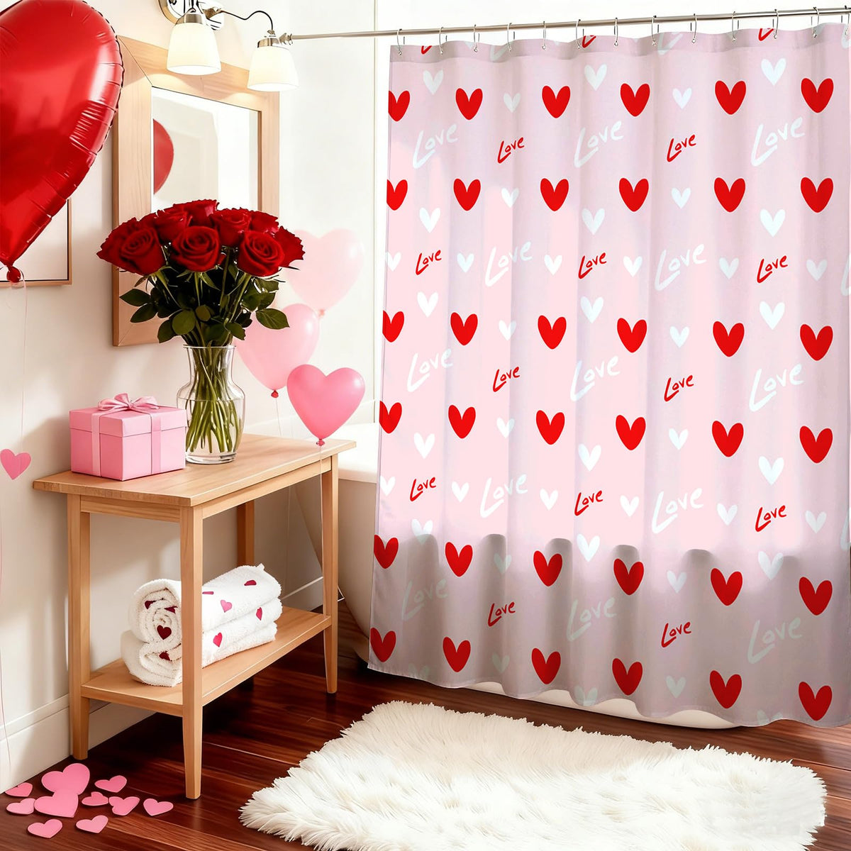 70.8"Valentines Shower Curtain Pink Red Love Heart Waterproof Polyester Shower Curtains with Hooks