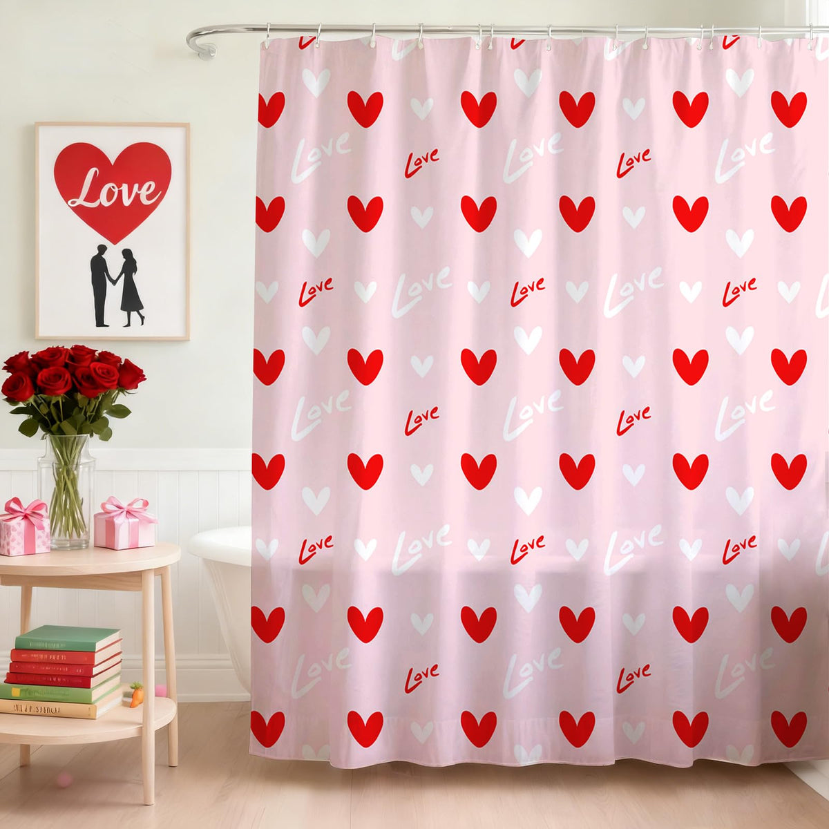 70.8"Valentines Shower Curtain Pink Red Love Heart Waterproof Polyester Shower Curtains with Hooks