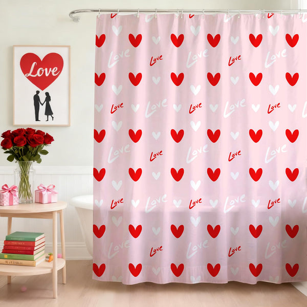 70.8"Valentines Shower Curtain Pink Red Love Heart Waterproof Polyester Shower Curtains with Hooks