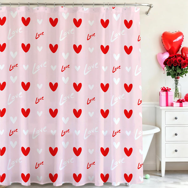 70.8"Valentines Shower Curtain Pink Red Love Heart Waterproof Polyester Shower Curtains with Hooks