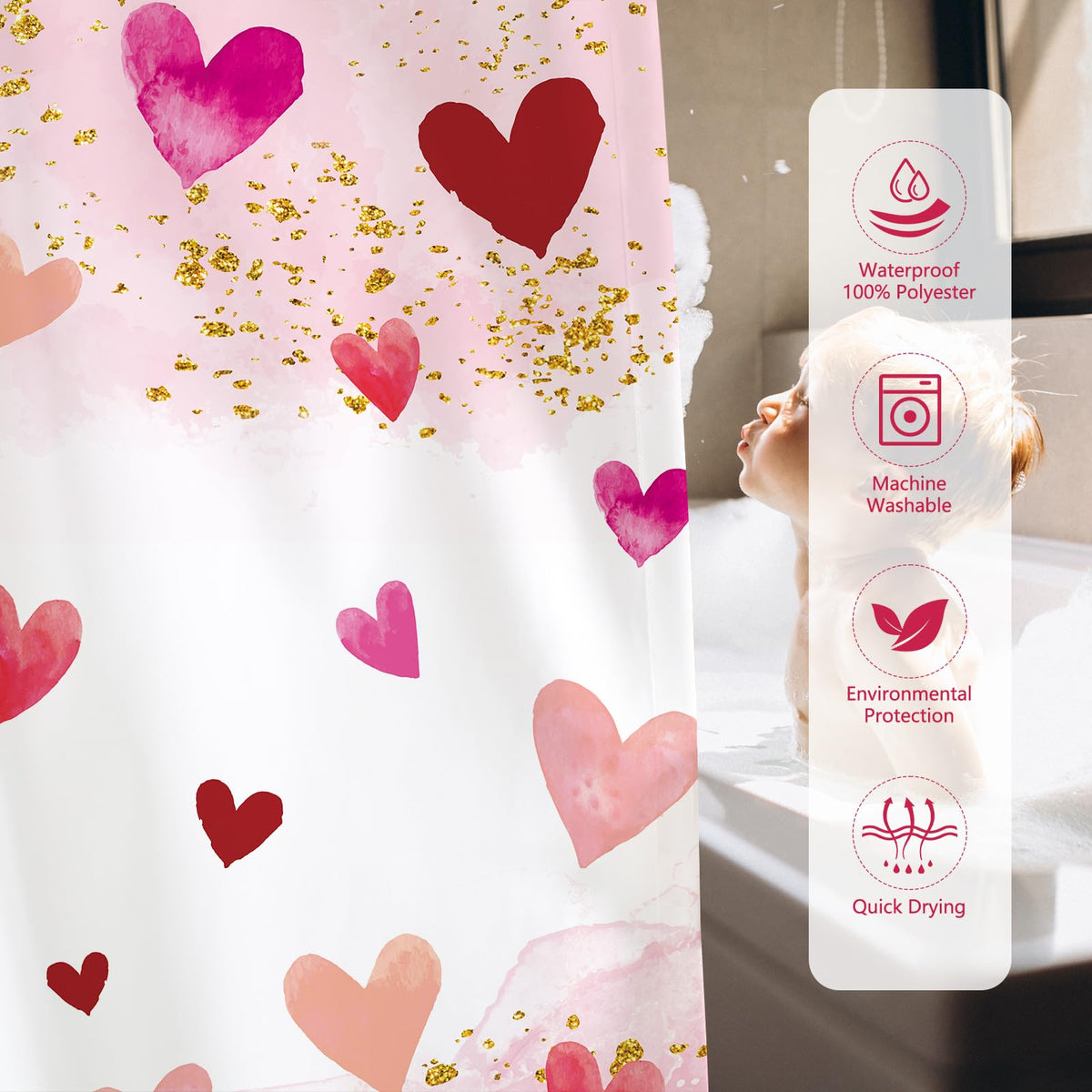 Valentines Shower Curtain 70.8" Pink Watercolor Love Hearts Gold Dots Sweetheart Shower Curtain for Valentine Blush