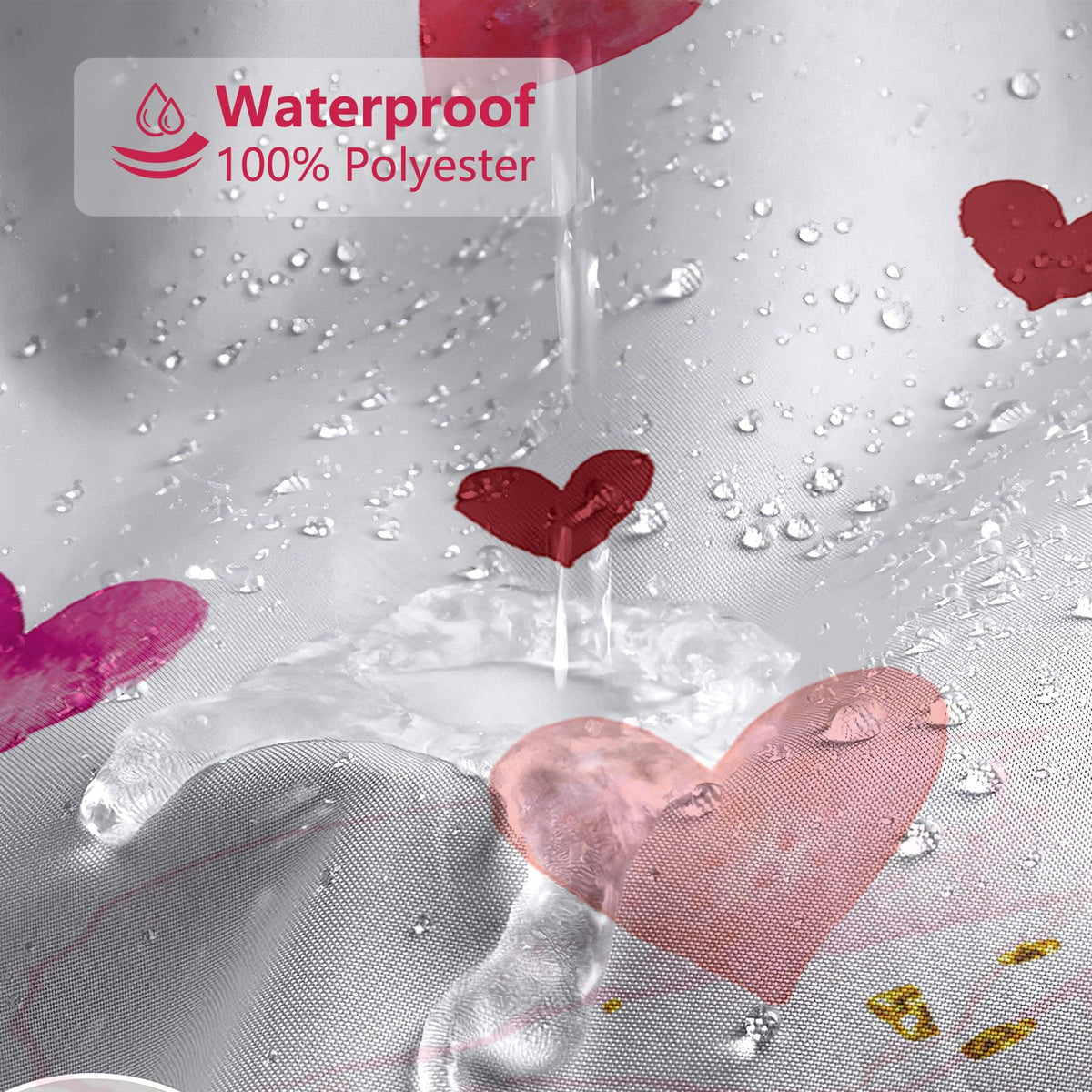 Valentines Shower Curtain 70.8" Pink Watercolor Love Hearts Gold Dots Sweetheart Shower Curtain for Valentine Blush