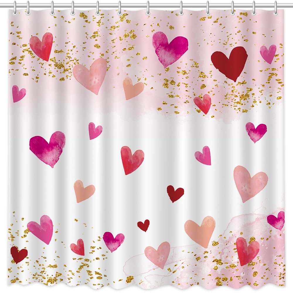 Valentines Shower Curtain 70.8" Pink Watercolor Love Hearts Gold Dots Sweetheart Shower Curtain for Valentine Blush