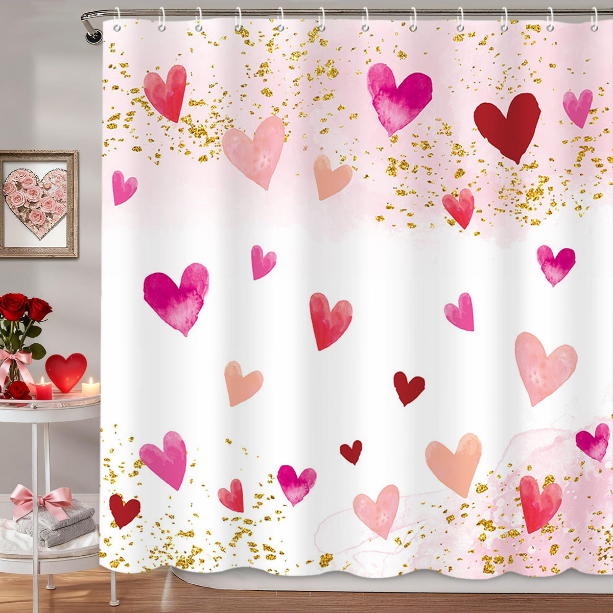 Valentines Shower Curtain 70.8" Pink Watercolor Love Hearts Gold Dots Sweetheart Shower Curtain for Valentine Blush