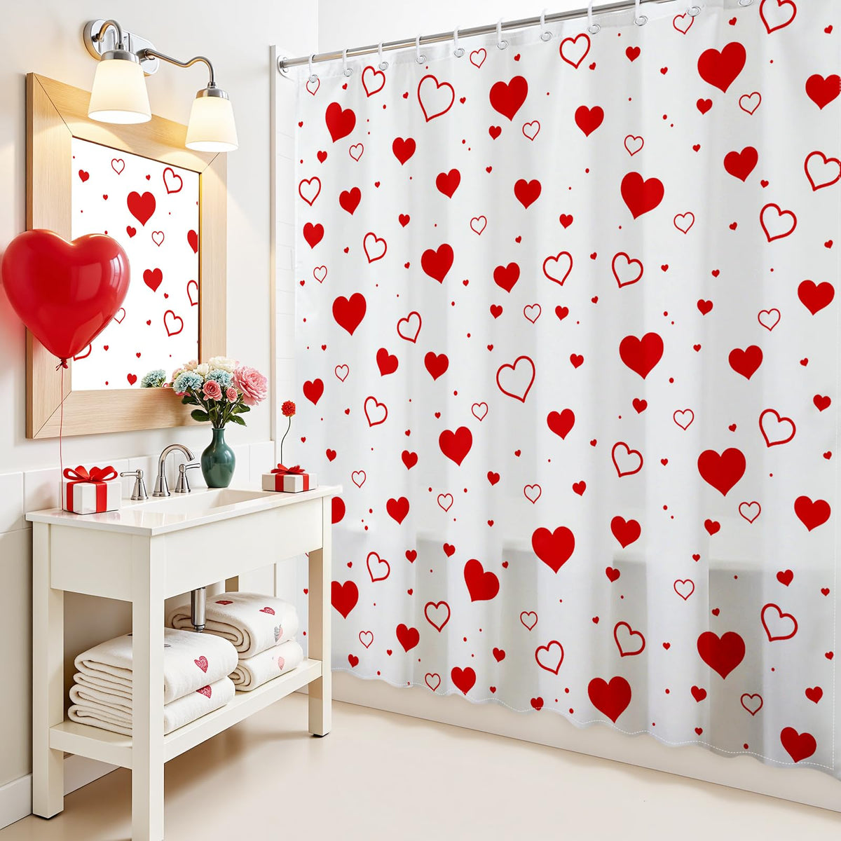 Valentines Shower Curtain Red Heart Bathroom Shower Curtain Valentine's Waterproof Fabric Bathtub Curtain Decor