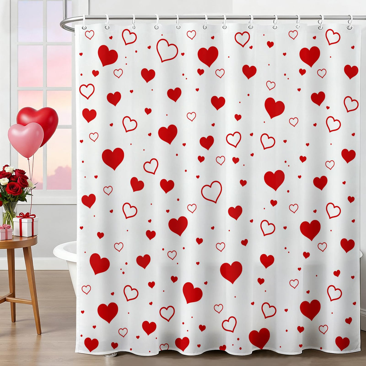 Valentines Shower Curtain Red Heart Bathroom Shower Curtain Valentine's Waterproof Fabric Bathtub Curtain Decor