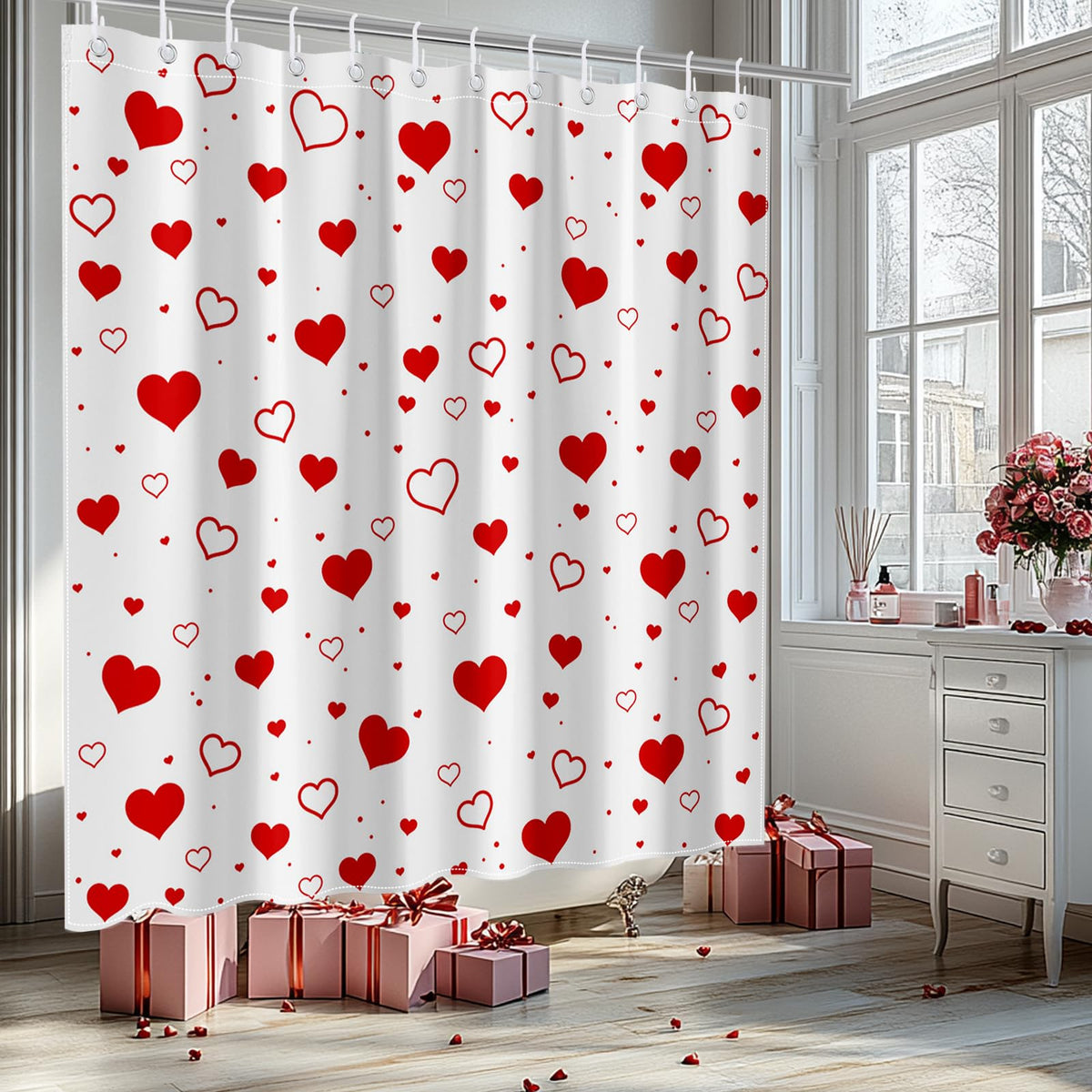 Valentines Shower Curtain Red Heart Bathroom Shower Curtain Valentine's Waterproof Fabric Bathtub Curtain Decor