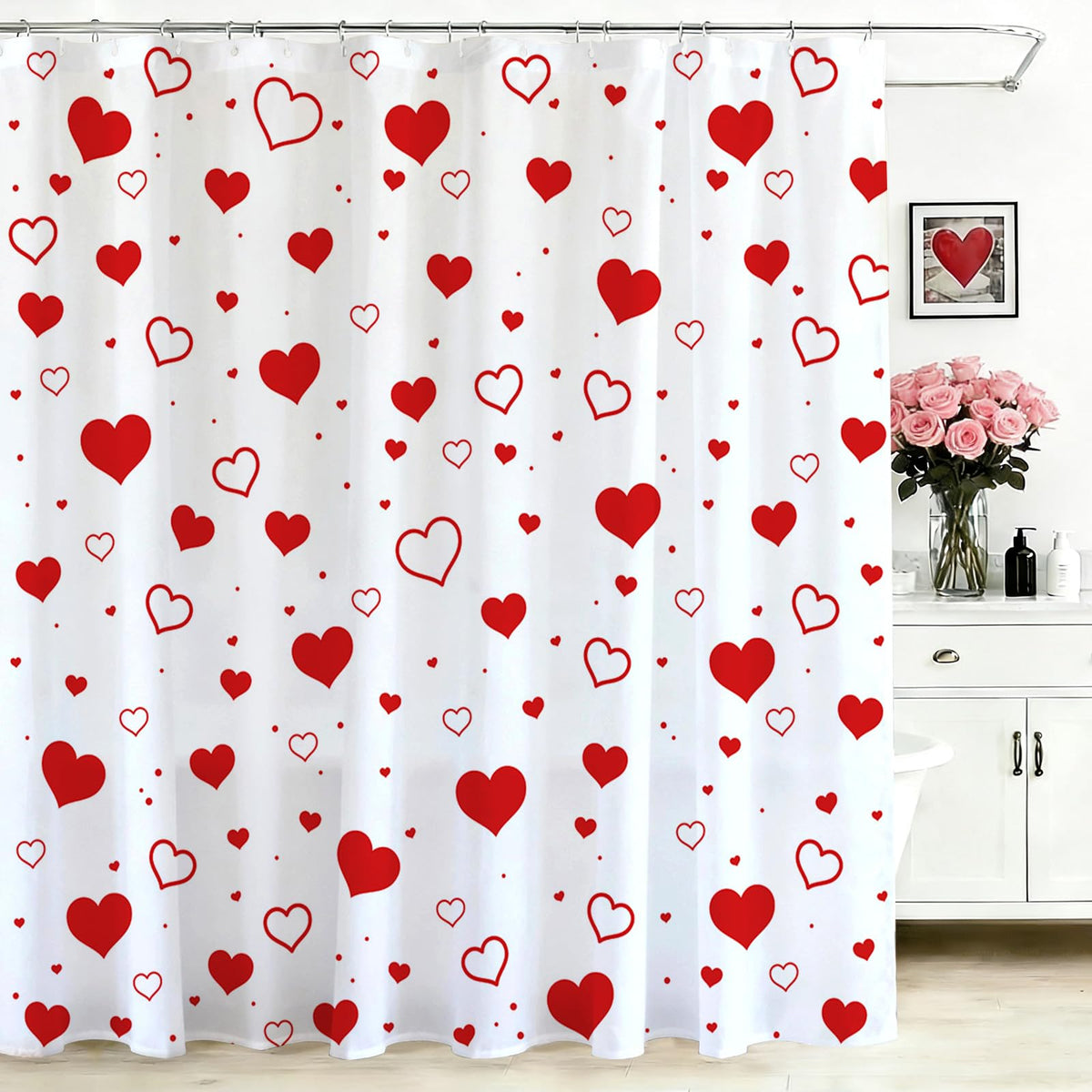 Valentines Shower Curtain Red Heart Bathroom Shower Curtain Valentine's Waterproof Fabric Bathtub Curtain Decor