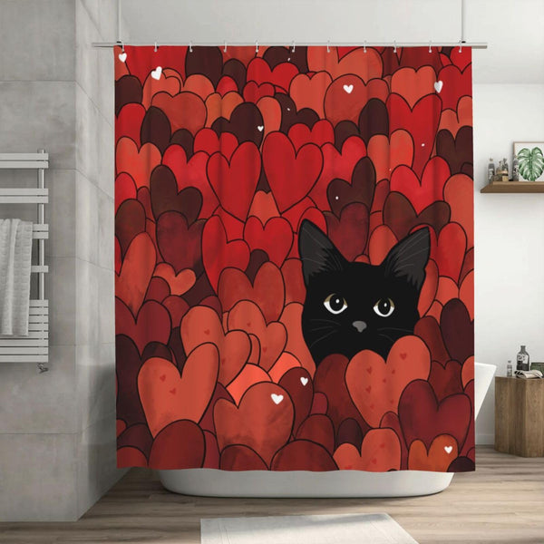 Valentines Shower Curtain Red Heart Black cat Waterproof Fabric Bathroom Decorations 70.8"x70.8" with 12 Hooks