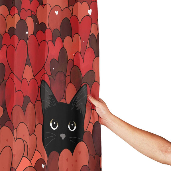 Valentines Shower Curtain Red Heart Black cat Waterproof Fabric Bathroom Decorations 70.8"x70.8" with 12 Hooks