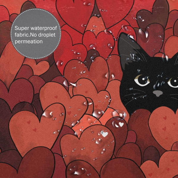 Valentines Shower Curtain Red Heart Black cat Waterproof Fabric Bathroom Decorations 70.8"x70.8" with 12 Hooks