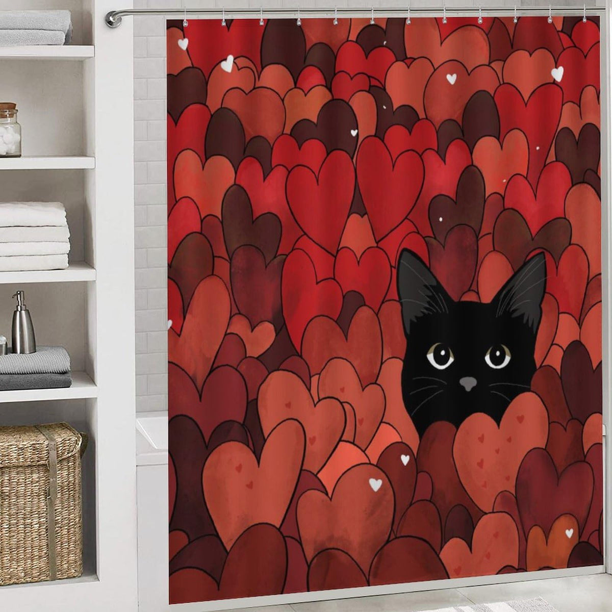 Valentines Shower Curtain Red Heart Black cat Waterproof Fabric Bathroom Decorations 70.8"x70.8" with 12 Hooks
