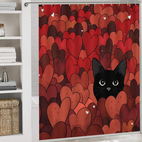 Valentines Shower Curtain Red Heart Black cat Waterproof Fabric Bathroom Decorations 70.8"x70.8" with 12 Hooks