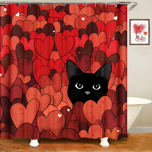 Valentines Shower Curtain Red Heart Black cat Waterproof Fabric Bathroom Decorations 70.8"x70.8" with 12 Hooks