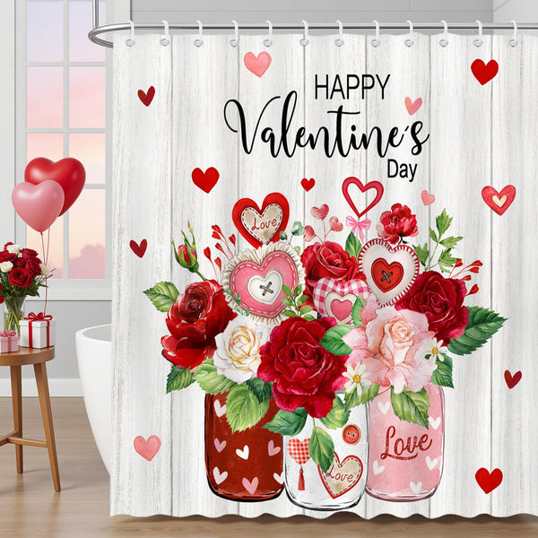 Valentines Shower Curtain Red Heart Flower Mason Jar Bathroom Shower Curtain Valentine Hearts, 70.8"x70.8"
