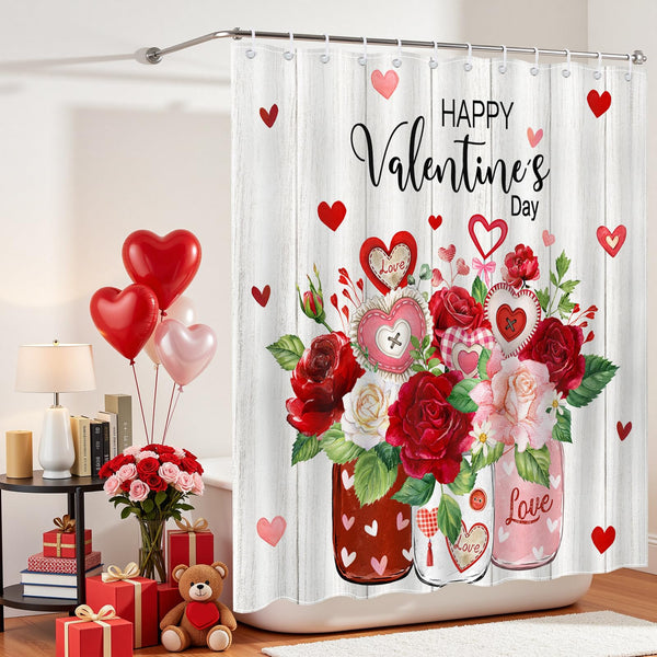 Valentines Shower Curtain Red Heart Flower Mason Jar Bathroom Shower Curtain Valentine Hearts, 70.8"x70.8"