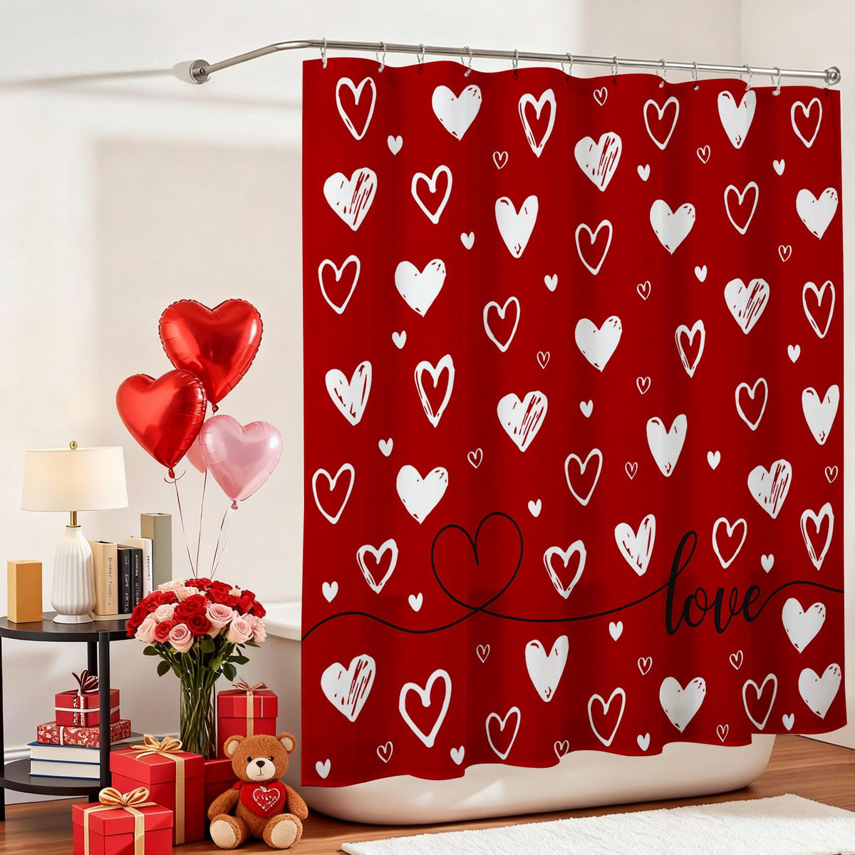 Valentines Shower Curtain 70.8" Red Heart Love Theme Bathroom Shower Curtain Valentine Doodle Style Hearts