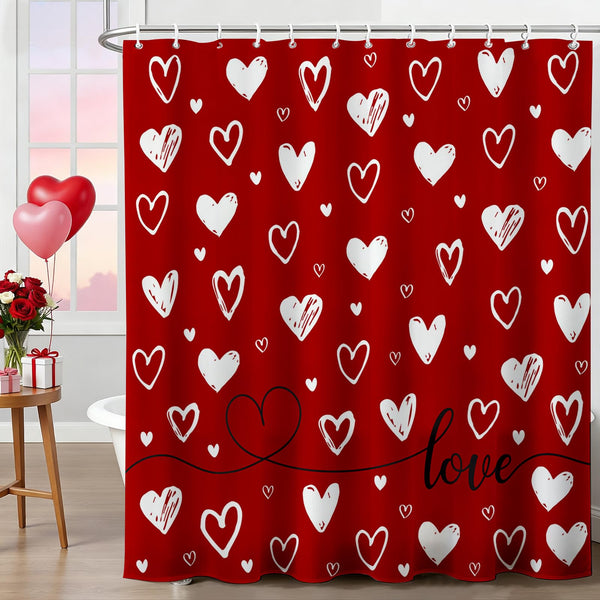 Valentines Shower Curtain 70.8" Red Heart Love Theme Bathroom Shower Curtain Valentine Doodle Style Hearts