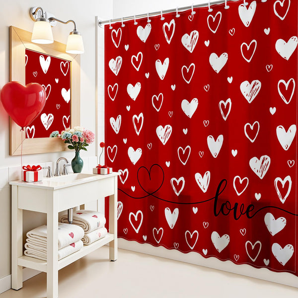 Valentines Shower Curtain 70.8" Red Heart Love Theme Bathroom Shower Curtain Valentine Doodle Style Hearts