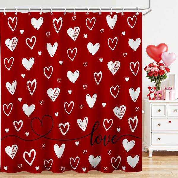 Valentines Shower Curtain 70.8" Red Heart Love Theme Bathroom Shower Curtain Valentine Doodle Style Hearts