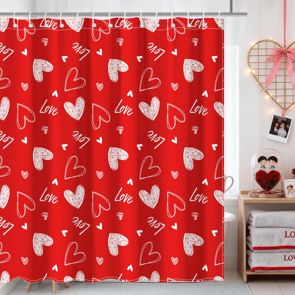70.8"Valentines Shower Curtain Red Heart  Sweet Love Shower Curtain for Valentines Day Bath Decorations