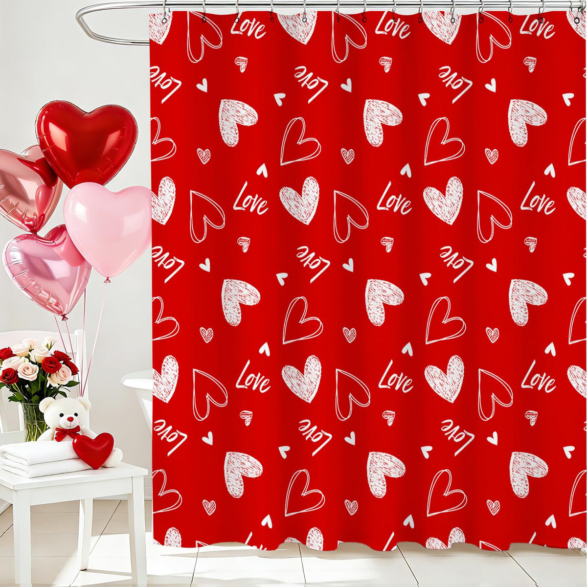 70.8"Valentines Shower Curtain Red Heart  Sweet Love Shower Curtain for Valentines Day Bath Decorations