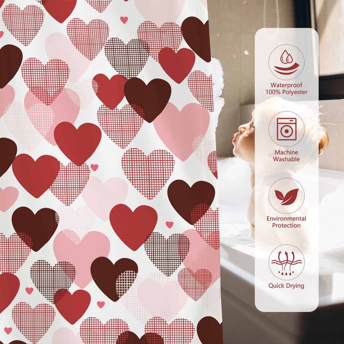 Valentines Shower Curtain 70.8" Red Pink Hearts Shower Curtain for Valentines Bathroom Decor Sweetheart