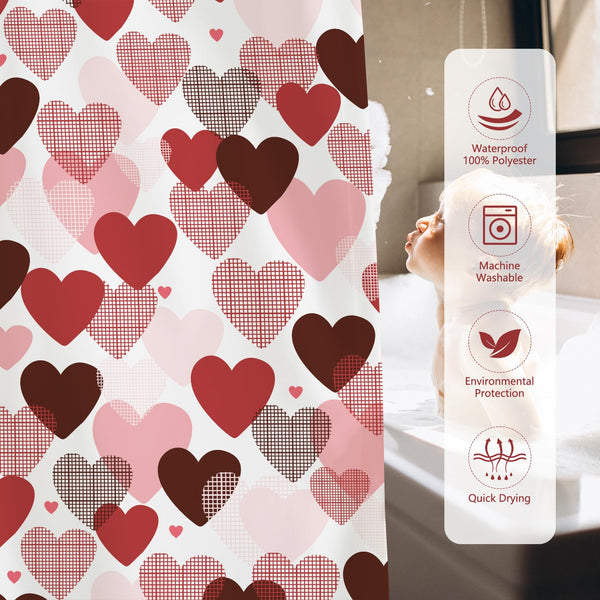 Valentines Shower Curtain 70.8" Red Pink Hearts Shower Curtain for Valentines Bathroom Decor Sweetheart
