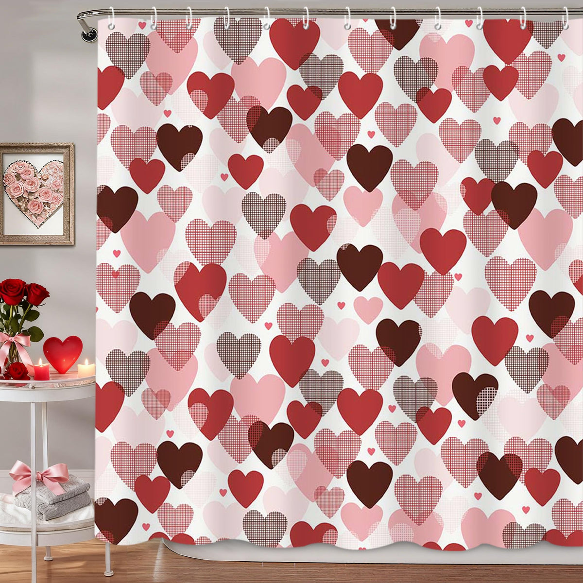 Valentines Shower Curtain 70.8" Red Pink Hearts Shower Curtain for Valentines Bathroom Decor Sweetheart