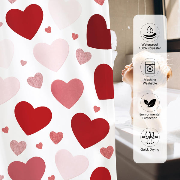 70.8"Valentines Shower Curtain Rose-Gold Pink Burgundy-Red Love Hearts Shower Curtain for Valentine's Day
