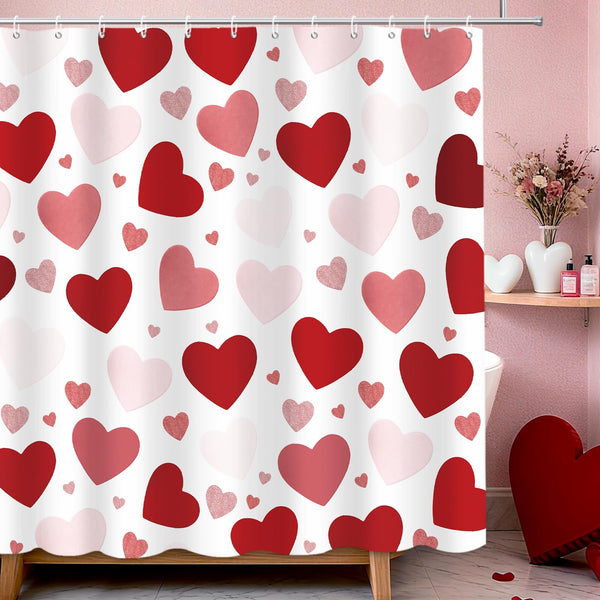 70.8"Valentines Shower Curtain Rose-Gold Pink Burgundy-Red Love Hearts Shower Curtain for Valentine's Day