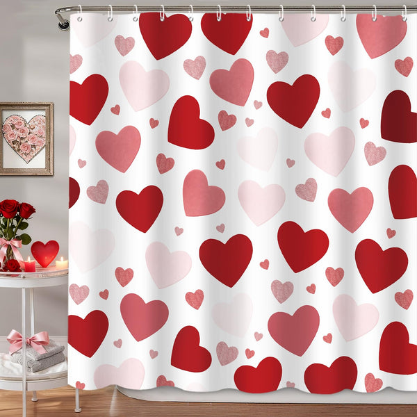 70.8"Valentines Shower Curtain Rose-Gold Pink Burgundy-Red Love Hearts Shower Curtain for Valentine's Day