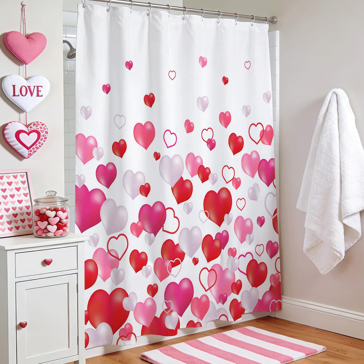 Valentines Shower Curtain Set 70.8"x70.8" Pink and Red Love Heart Shower Curtain for Bathroom Romantic