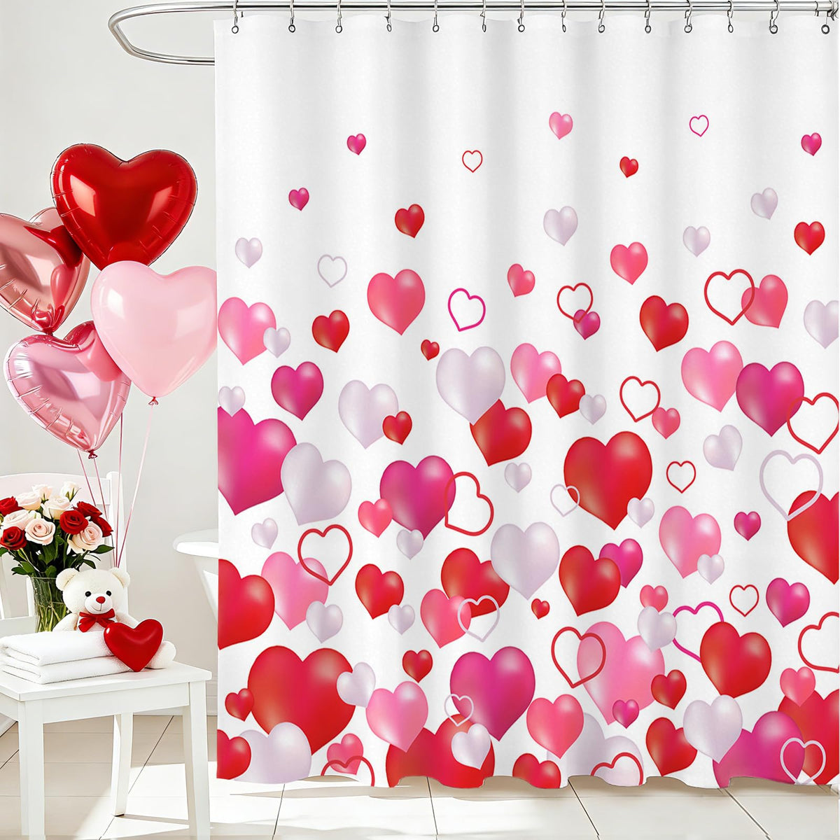 Valentines Shower Curtain Set 70.8"x70.8" Pink and Red Love Heart Shower Curtain for Bathroom Romantic