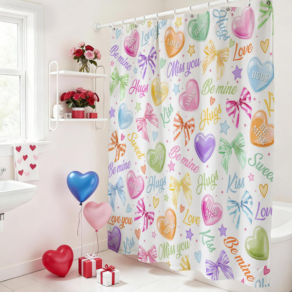 70.8" Valentines Shower Curtain Sweet Heart Valentines Shower Curtain Set for Bathroom Romantic Love Candy